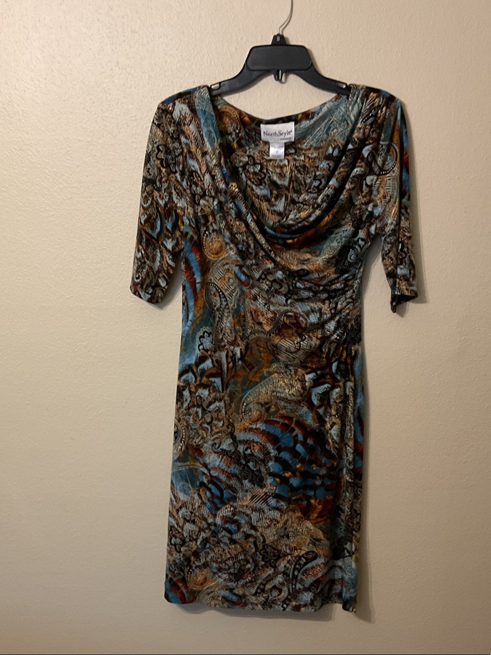 NorthStyle Teal and Brown Paisley Cowl-Neck Midi Dress Size 8